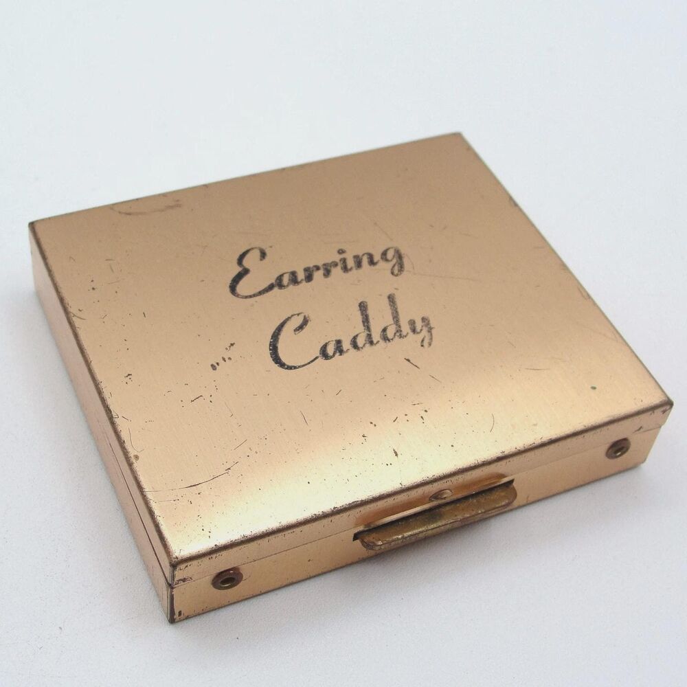 Vintage My Ladys Earring Caddy Gold Tone Travel Jewelry Box Red Velvet 6 Slot